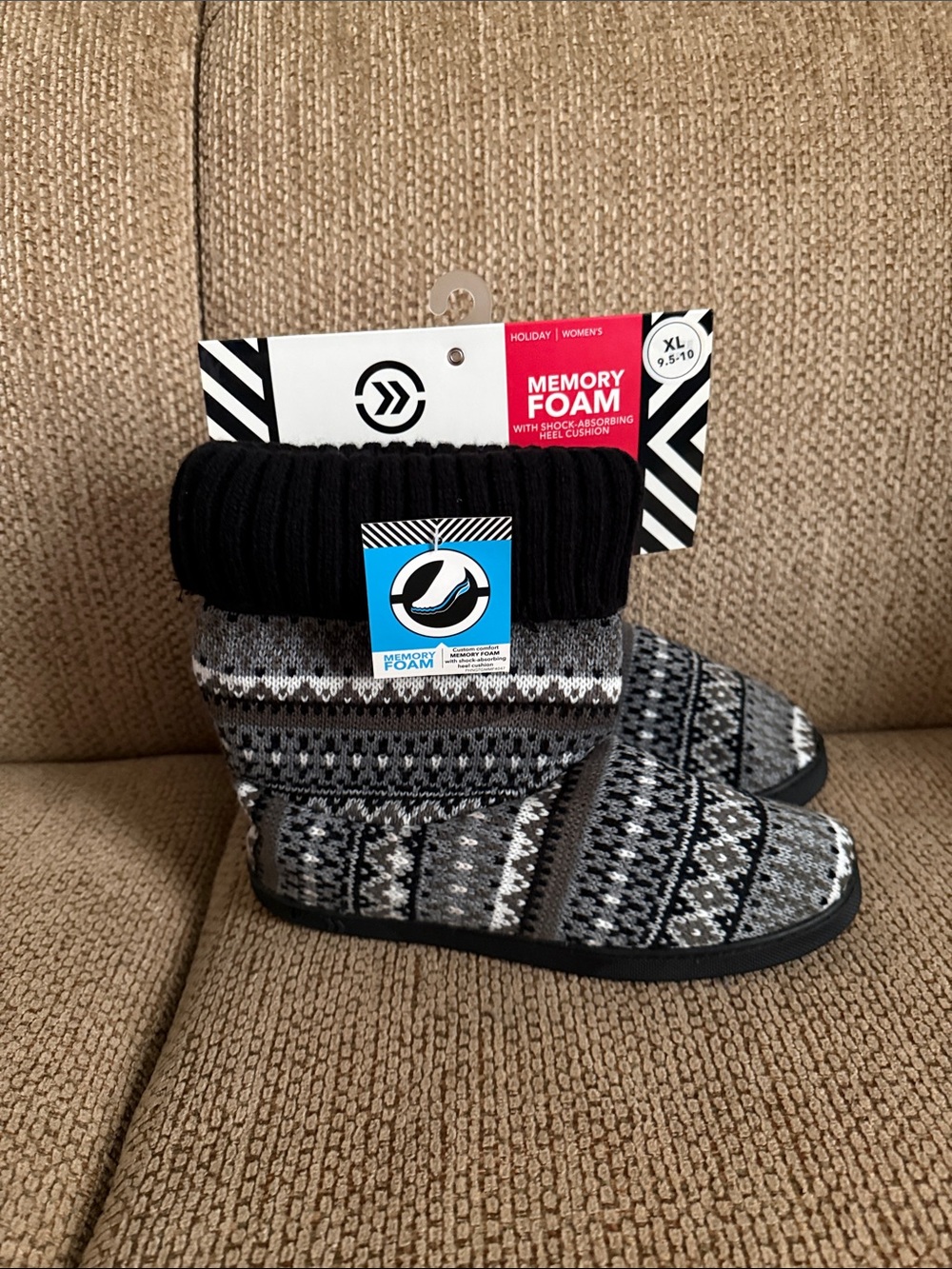 Isotoner Memory Foam Knit Pattern Women’s Slipper Boots - Black and Gray
